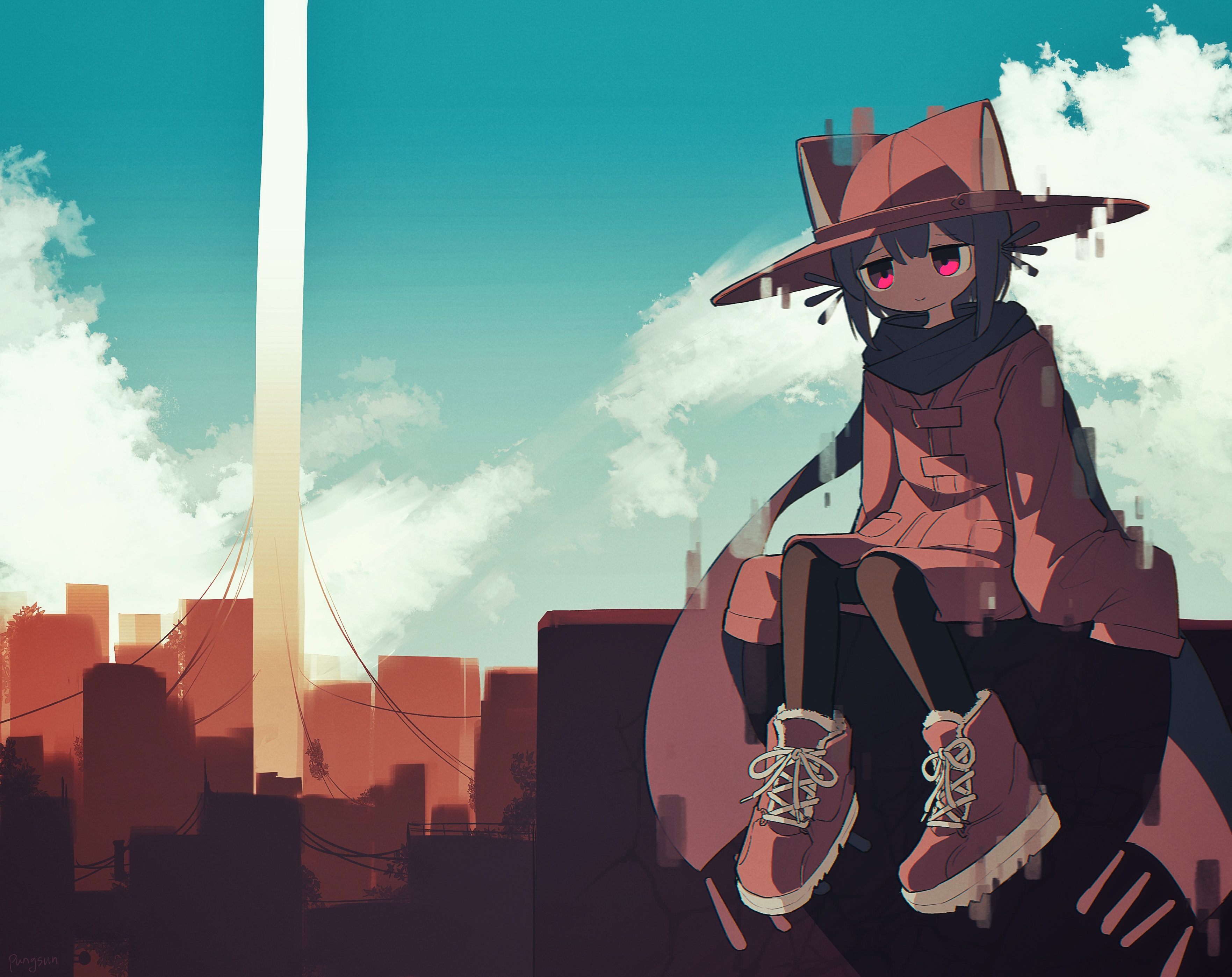 Glitching Niko sitting on a roof in the city