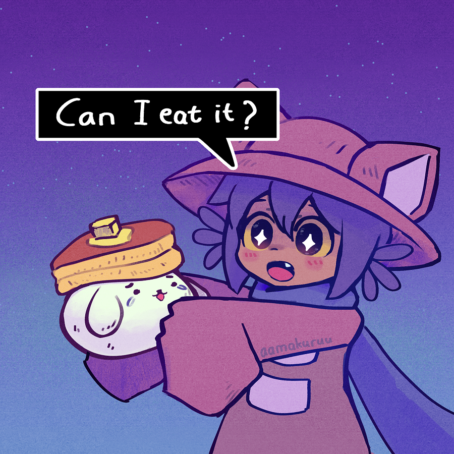 Niko holds pancake bunny and asks if can eat it