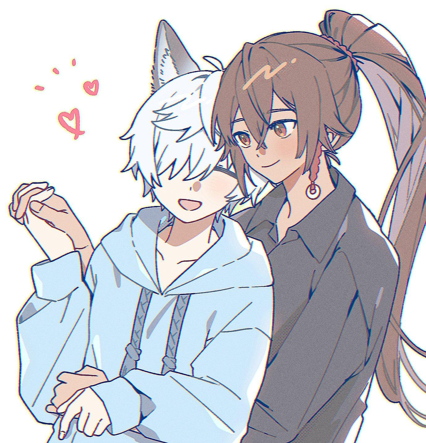 Catboy and anime boy hug and hold hands
