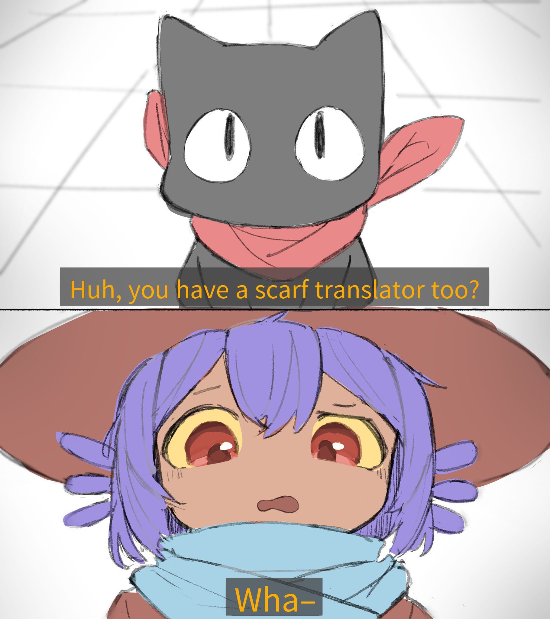 Cat from Nichojou anime asks catperson Niko from Oneshot if they also have a scarf-translator