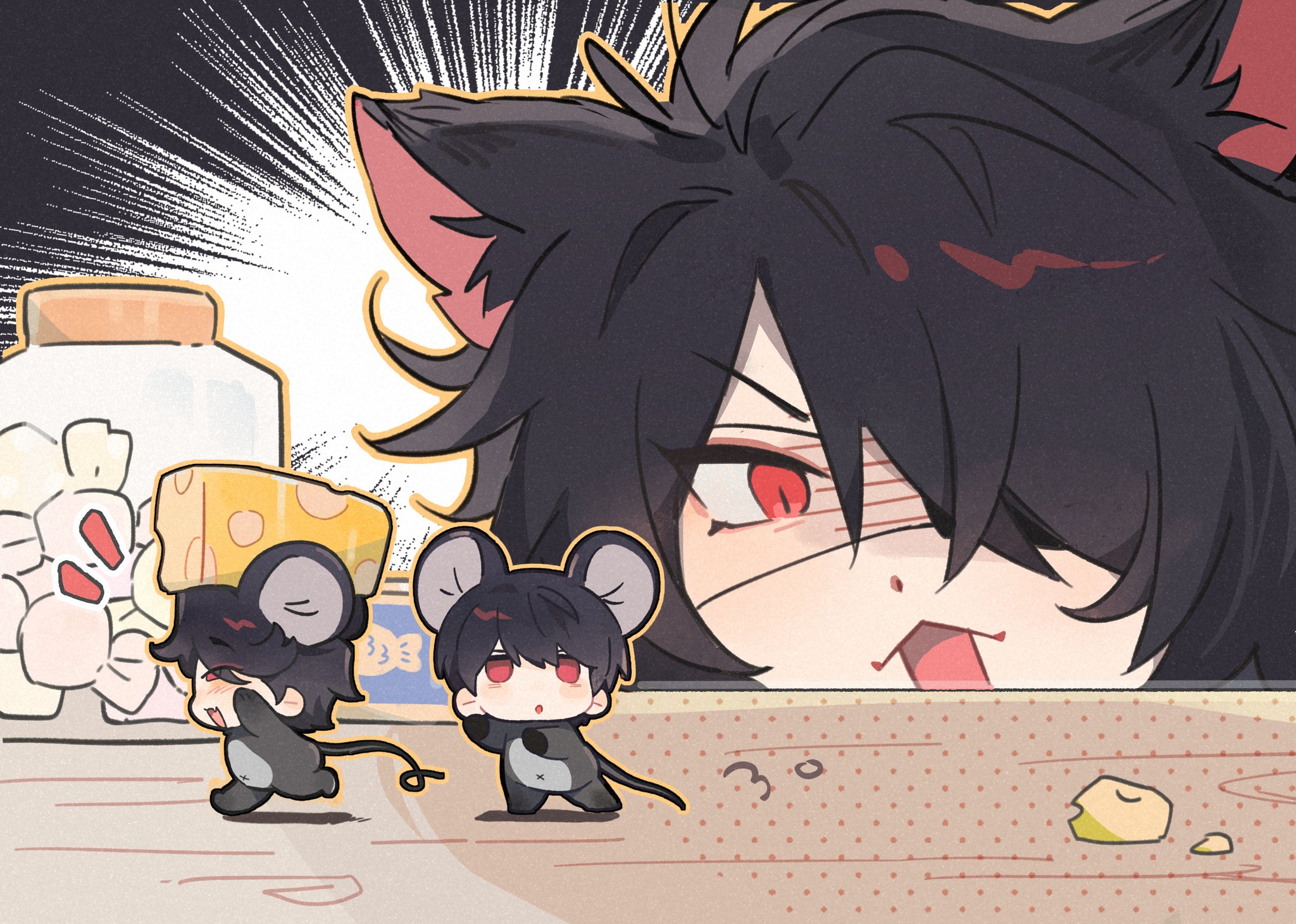 Catboy angry at mice stealing cheese