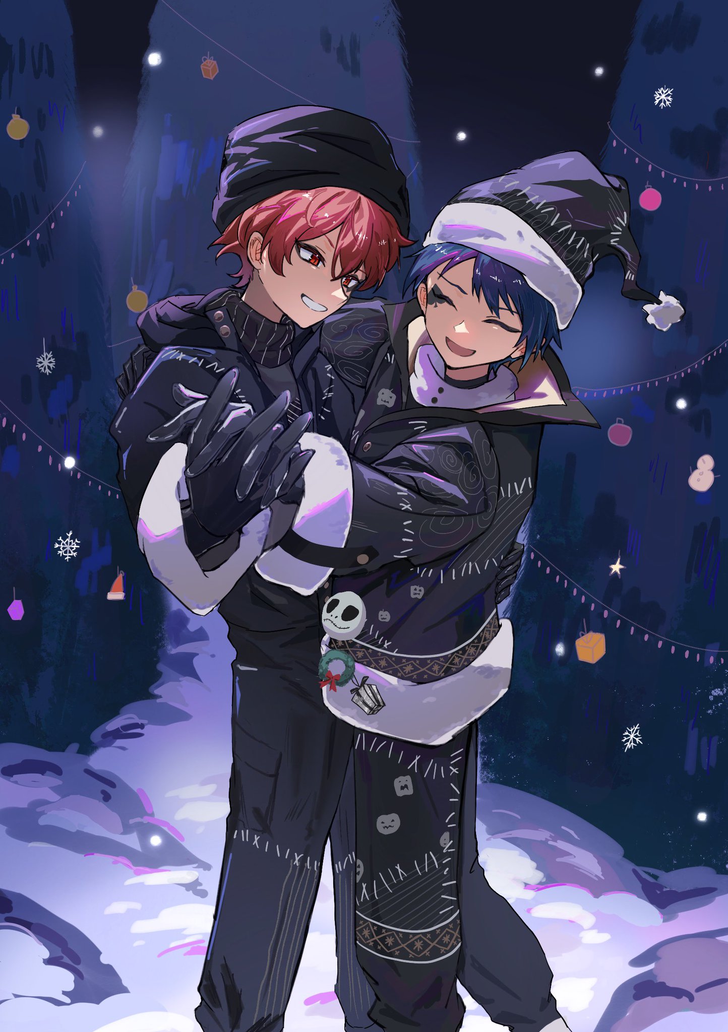 Two anime boys dance under a snow