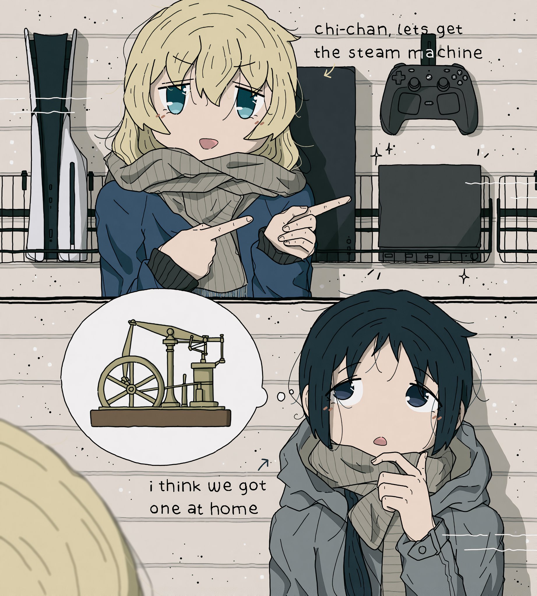@yura This is a two - panel cartoon illustration. In the top panel, a character with blonde hair, blue eyes, a gray scarf, and a blue jacket points with both index fingers; behind them, shelves hold a PlayStation 5, a black rectangular device, a game controller, and another black item, with the text "chi - chan, lets get the steam machine" above. In the bottom panel, a character with dark hair, blue eyes, a gray scarf, and a gray hoodie has a hand on their chin, with a thought bubble showing a steam engine; the text below reads "i think we got one at home".  Provided by @altbot, generated privately and locally using Qwen3-Vl:30b  🌱 Energy used: 0.091 Wh