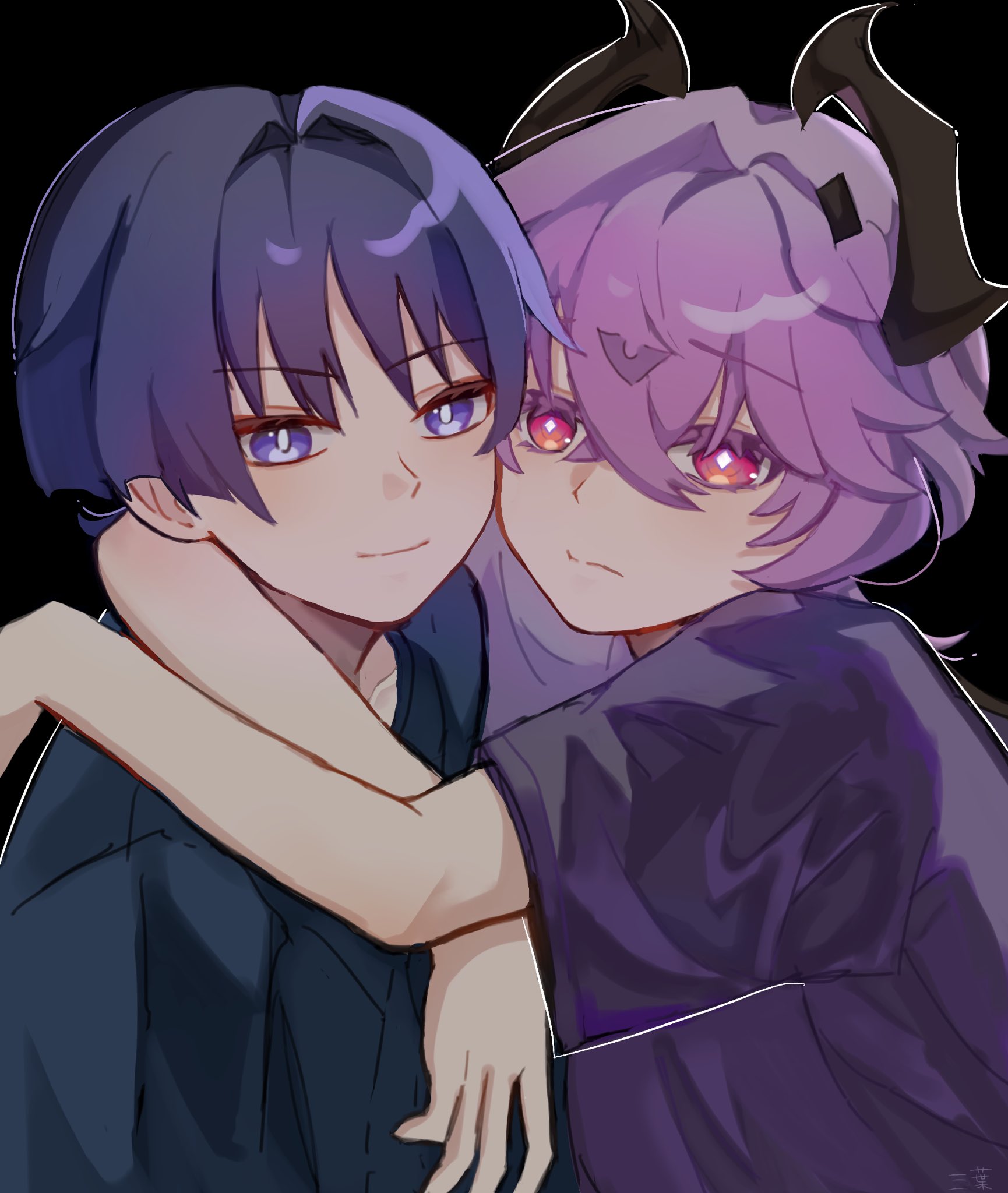 Two anime boys hug