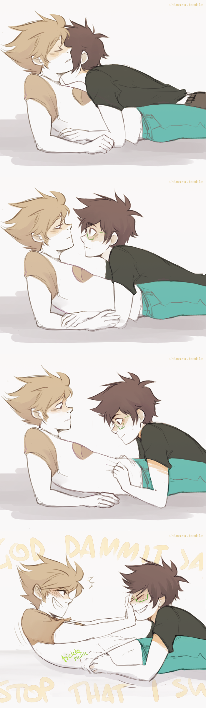 Two anime boys lie and cuddle.

The one on top looks into another boy's eyes, and moves down looking down at the tummy now.

It's getting clear that he's pleparing for...

Tickle tickle tickle tickle!
