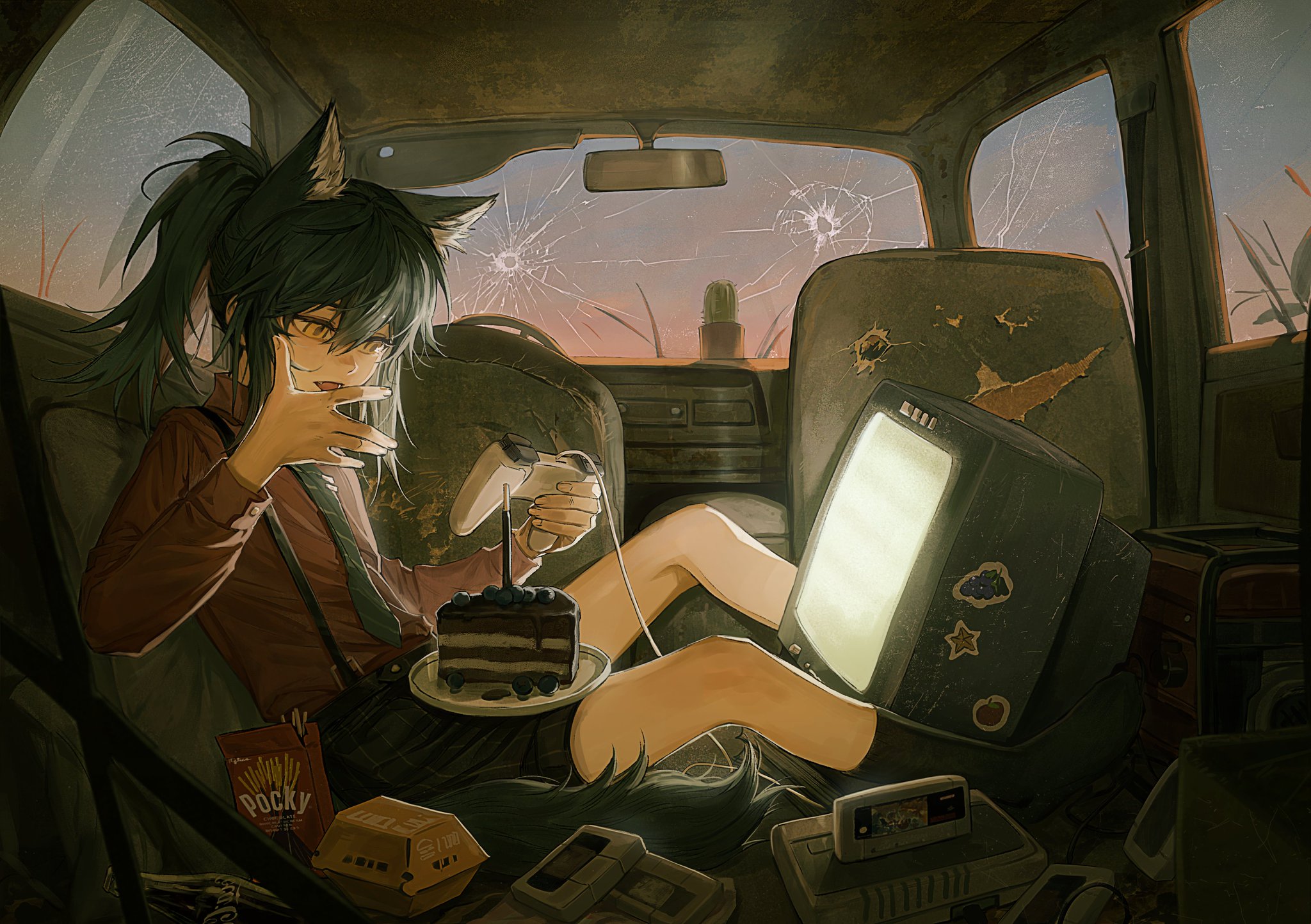 Catgirl playing games in an old car