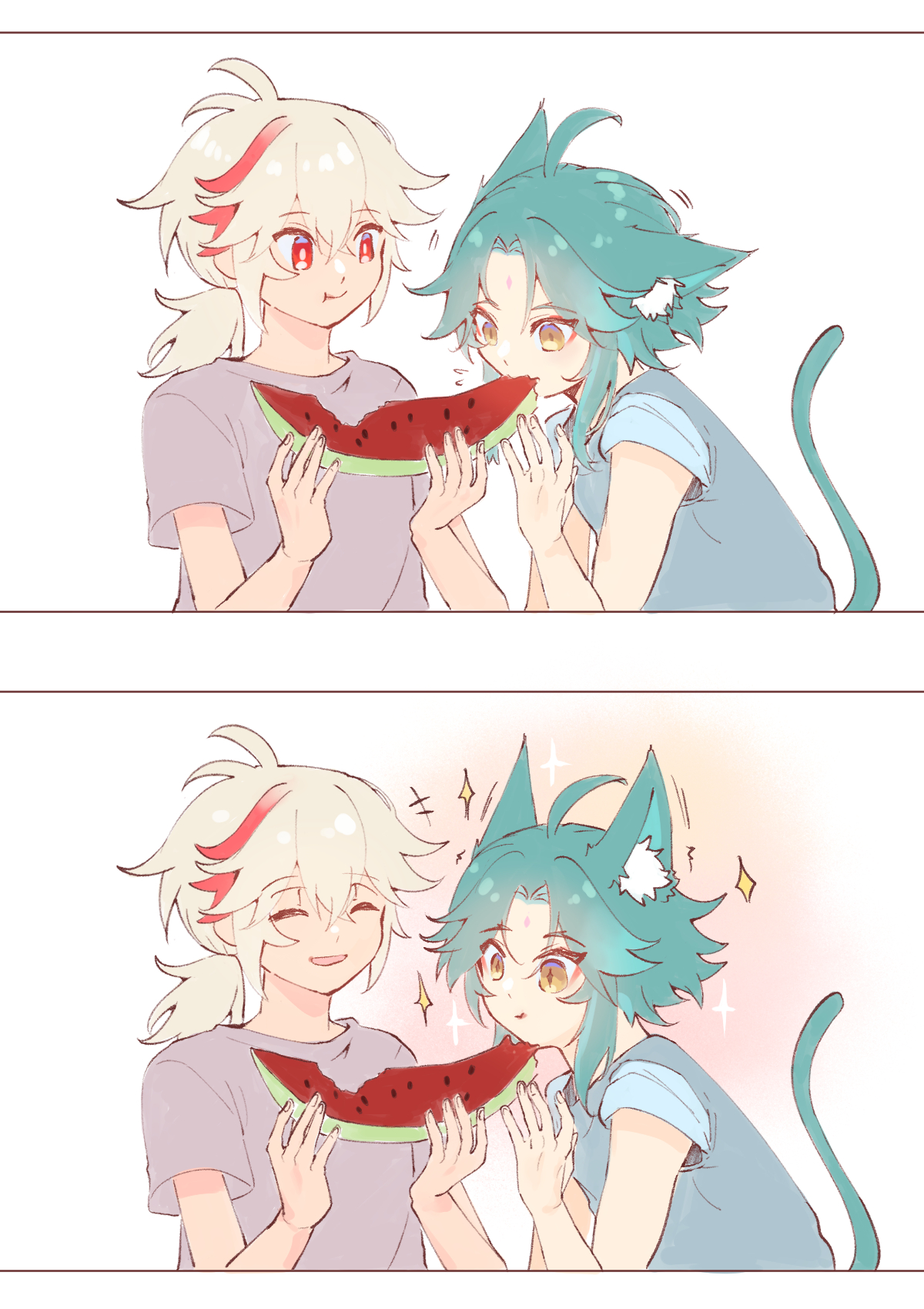 Anime boy and a catboy eat a watermelon
